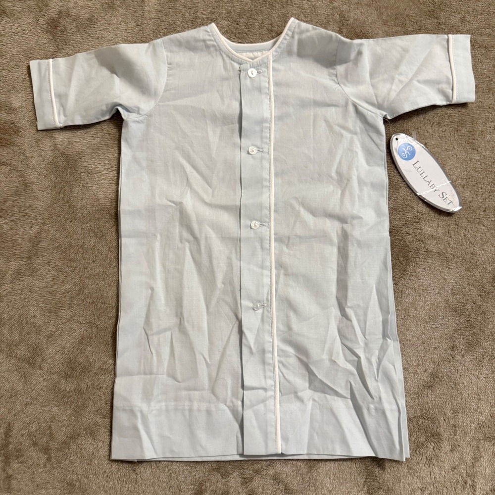 Lullaby Set Newborn Light Blue Cotton Day Gown Button Front White Piping NB